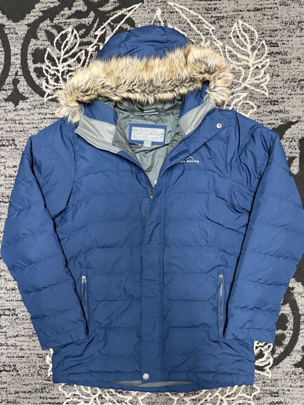 Eddie Bauer Blue Puffer Hooded Coat with Faux Fur Trim